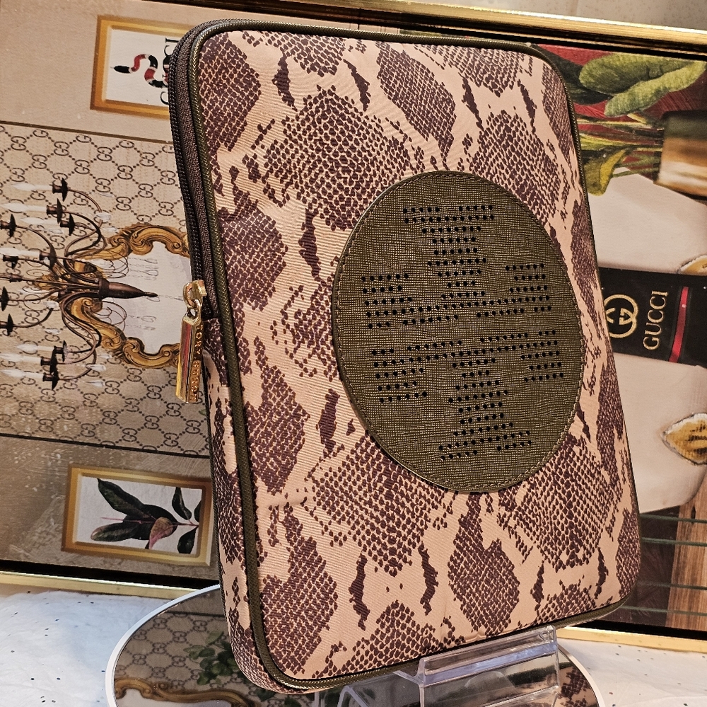 Tory Burch Ipad/Tablet Sleeve Snake Print Logo Patch Green & Cream